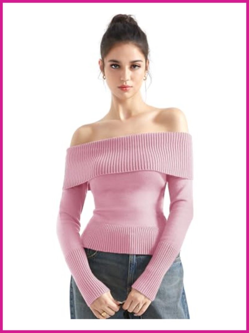 Off Shoulder Ribbed Knit Pullover Sweater Long Sleeve Fitted Top